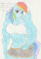 Size: 2272x3292 | Tagged: safe, artist:astrum, rainbow dash, pegasus, anthro, g4, abs, amazon, biceps, breasts, busty rainbow dash, cleavage, clothes, deltoids, dialogue, female, flexing, high res, lidded eyes, midriff, muscles, muscular female, rainbuff dash, shorts, simple background, smiling, smirk, solo, sports bra, sports shorts, talking, thighs, thunder thighs, traditional art, white background, wings, workout outfit