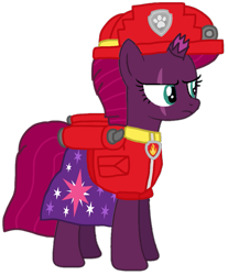 Size: 873x1056 | Tagged: safe, artist:徐詩珮, fizzlepop berrytwist, tempest shadow, pony, unicorn, series:sprglitemplight diary, series:sprglitemplight life jacket days, series:springshadowdrops diary, series:springshadowdrops life jacket days, g4, alternate universe, broken horn, clothes, cute, cutie mark, cutie mark on clothes, dress, eye scar, eyelashes, female, frown, helmet, horn, mare, marshall (paw patrol), paw patrol, paw prints, scar, simple background, solo, tempest shadow is not amused, transparent background, unamused
