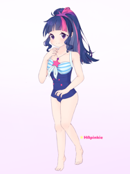 Size: 768x1024 | Tagged: safe, artist:hapinkie, sci-twi, twilight sparkle, human, equestria girls, g4, anime, clothes, female, human coloration, humanized, looking at you, missing accessory, one-piece swimsuit, signature, solo, swimsuit