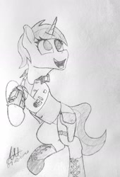 Size: 1280x1881 | Tagged: safe, artist:biergarten13, oc, oc only, oc:spark plug, pony, unicorn, fallout equestria, fallout equestria: ghosts of the past, fallout equestria: project horizons, fanfic art, pipboy, pipbuck, scavenger, solo, traditional art