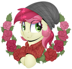 Size: 3813x3696 | Tagged: safe, artist:partypievt, roseluck, earth pony, pony, g4, alternate design, beanie, eye clipping through hair, eyebrows, eyebrows visible through hair, female, flannel, flannel shirt, flower, hat, high res, looking away, lumberjack, rose, simple background, smiling, solo, transparent background, wingding eyes, wreath