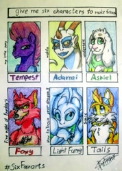 Size: 1431x2014 | Tagged: safe, artist:sanata-angel, tempest shadow, dragon, goat, light fury, pony, unicorn, anthro, g4, adamai, animatronic, anthro with ponies, asriel dreemurr, broken horn, bust, crossover, female, five nights at freddy's, foxy, horn, how to train your dragon, male, mare, miles "tails" prower, signature, six fanarts, sonic the hedgehog (series), traditional art, undertale, wakfu