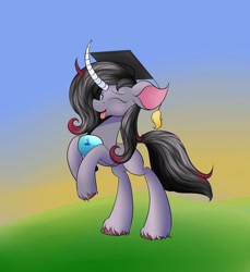 Size: 1280x1400 | Tagged: safe, artist:huffy26, oleander (tfh), classical unicorn, pony, unicorn, them's fightin' herds, atg 2020, cloven hooves, community related, female, graduation cap, hat, horn, leonine tail, newbie artist training grounds, one eye closed, solo, stone, unshorn fetlocks, wink