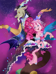 Size: 1160x1520 | Tagged: safe, artist:bunnari, discord, pinkie pie, pony, g4, clothes, dress, female, male, ship:discopie, shipping, story included, straight