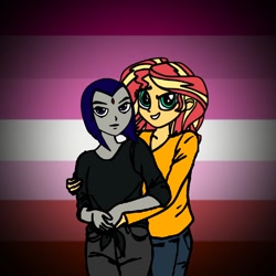 Size: 768x768 | Tagged: safe, artist:thatradhedgehog, sunset shimmer, equestria girls, g4, crossover, crossover shipping, female, hug, lesbian, lesbian pride flag, pride, pride flag, pride month, raven (dc comics), shimrav, shipping, teen titans