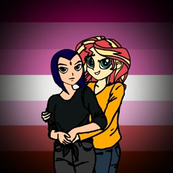 Size: 768x768 | Tagged: safe, artist:thatradhedgehog, sunset shimmer, equestria girls, g4, crossover, crossover shipping, female, hug, lesbian, lesbian pride flag, pride, pride flag, pride month, raven (dc comics), shimrav, shipping, skin color edit, teen titans