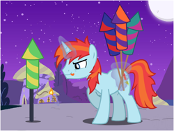 Size: 800x600 | Tagged: safe, artist:flash equestria photography, oc, oc only, oc:firecracker spark, pony, unicorn, 4th of july, fireworks, glowing, glowing horn, holiday, horn, magic, night, outdoors, patreon, patreon reward, rocket, show accurate, solo, telekinesis, tongue out, vector