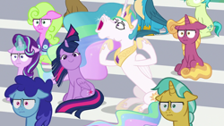 Size: 1280x720 | Tagged: safe, edit, edited screencap, screencap, citrine spark, clever musings, cloudburst, daisy, fire flicker, fire quacker, flower wishes, gallus, princess celestia, sandbar, starlight glimmer, twilight sparkle, alicorn, earth pony, griffon, pegasus, pony, unicorn, 2 4 6 greaaat, g4, :i, cursed image, friendship student, hoers, i mean i see, looking at you, majestic as fuck, traditional royal canterlot voice, twilight sparkle (alicorn), wat