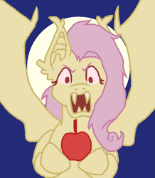Size: 2859x3285 | Tagged: safe, artist:theedgyduck, fluttershy, bat pony, pegasus, pony, g4, apple, bat ponified, cute, fangs, female, flutterbat, food, high res, hoof hold, mare, no shading, race swap, red eyes, shyabates, shyabetes, simple background, solo, wings