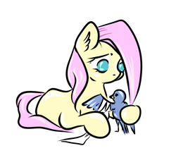 Size: 2941x2548 | Tagged: safe, artist:coco-drillo, fluttershy, bird, pegasus, pony, g4, animal, bandage, caring, concerned, ear fluff, female, high res, looking down, lying down, mare, mending, natg2020, newbie artist training grounds, no pupils, prone, simple background, white background, wingless, worried