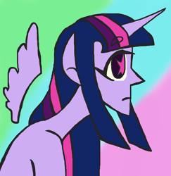 Size: 3300x3400 | Tagged: safe, twilight sparkle, alicorn, human, g4, beanbrows, big eyes, cutie mark eyes, eyebrows, female, high res, horn, horned humanization, humanized, long neck, purple skin, simple background, solo, twilight sparkle (alicorn), wingding eyes, winged humanization, wings