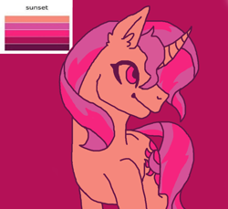 Size: 3140x2882 | Tagged: safe, artist:theedgyduck, sunset shimmer, pony, unicorn, g4, color palette, color palette challenge, colored, curved horn, ear fluff, female, flat colors, high res, horn, limited palette, mare, solo