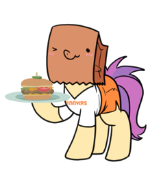 Size: 747x796 | Tagged: safe, artist:paperbagpony, artist:ravecrocker, oc, oc only, oc:paper bag, blushing, burger, clothes, cute, female, food, hay burger, hooters, one eye closed, plate, shirt, shorts, simple background, smiling, white background, wink