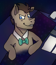 Size: 1200x1400 | Tagged: safe, doctor whooves, time turner, earth pony, pony, g4, background pony, blue eyes, bowtie, clothes, crossover, doctor who, male, solo, space, stallion, tardis, the doctor