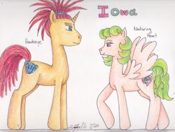 Size: 841x635 | Tagged: safe, artist:pristine1281, oc, oc:hawkeye, oc:nurturing heart, pegasus, pony, unicorn, female, iowa, male, mare, stallion, state ponies, traditional art