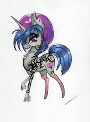 Size: 1280x1742 | Tagged: safe, artist:luxiwind, oc, oc:inkheart, pony, unicorn, beanie, clothes, female, hat, heart, jewelry, necklace, piercing, red eyes, socks, tattoo, traditional art