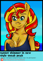 Size: 1705x2400 | Tagged: safe, artist:tassieboamiia, sunset shimmer, unicorn, anthro, equestria girls, g4, beach, big breasts, breasts, busty sunset shimmer, cleavage, cleavage fluff, female, shoulder fluff, sneak peek, solo