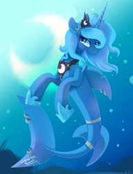 Size: 1000x1300 | Tagged: safe, artist:liquorice_sweet, princess luna, alicorn, merpony, original species, seapony (g4), shark, shark pony, g4, blue eyes, blue mane, bubble, crepuscular rays, crescent moon, crown, cute, digital art, dorsal fin, eyelashes, eyeshadow, female, fin, fins, fish tail, flowing mane, flowing tail, gills, happy, hoof shoes, horn, jewelry, lidded eyes, looking at you, makeup, mare, moon, moonlight, night, ocean, open mouth, open smile, peytral, princess lunashark, princess shoes, regalia, seaponified, seapony luna, seaweed, sharkified, signature, smiling, smiling at you, solo, sparkles, species swap, stars, swimming, tail, underwater, water