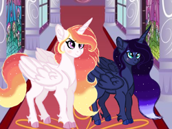 Size: 1400x1050 | Tagged: safe, artist:soren-the-owl, artist:themune, princess celestia, princess luna, alicorn, pony, g4, alternate hairstyle, blushing, ethereal mane, eyeshadow, female, makeup, mare, redesign, royal sisters, starry mane, unshorn fetlocks