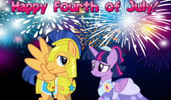 Size: 2064x1204 | Tagged: safe, flash sentry, twilight sparkle, alicorn, pegasus, pony, g4, my little pony: friendship is magic, the last problem, 4th of july, american independence day, armor, clothes, coronation dress, dress, duo, female, fireworks, holiday, looking at each other, male, mare, royal guard, royal guard armor, second coronation dress, ship:flashlight, shipping, smiling, stallion, straight, twilight sparkle (alicorn)