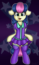Size: 1036x1691 | Tagged: safe, artist:llametsul, bon bon, sweetie drops, earth pony, pony, semi-anthro, g4, arm hooves, atg 2020, bipedal, cheerleader, chest fluff, clothes, female, floppy ears, looking at you, mare, newbie artist training grounds, open mouth, redraw, shirt, skirt, skirt lift, smiling, solo, stars, stockings, thigh highs