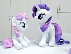 Size: 1024x768 | Tagged: safe, artist:nekokevin, rarity, sweetie belle, pony, unicorn, g4, belle sisters, duo, female, filly, irl, mare, photo, plushie, siblings, sisters, sitting, smiling
