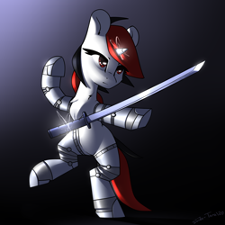 Size: 2400x2400 | Tagged: safe, artist:shido-tara, oc, oc only, oc:blackjack, cyborg, pony, unicorn, fallout equestria, fallout equestria: project horizons, augmented, cyber legs, fanfic art, glowing horn, horn, magic, magic aura, simple background, small horn, staying, sword, telekinesis, weapon
