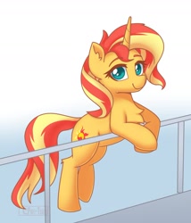 Size: 1426x1669 | Tagged: safe, artist:puetsua, sunset shimmer, pony, unicorn, g4, backwards cutie mark, bipedal, bipedal leaning, chest fluff, cute, ear fluff, female, handrail, leaning, lidded eyes, looking at you, mare, raised leg, shimmerbetes, smiling, solo