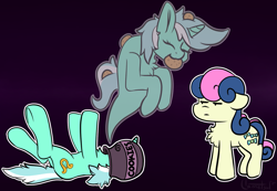 Size: 1495x1032 | Tagged: safe, artist:llametsul, bon bon, lyra heartstrings, sweetie drops, earth pony, ghost, ghost pony, pony, undead, unicorn, g4, annoyed, atg 2020, black background, bon bon is not amused, chest fluff, cookie, cookie jar, cute, cutie mark, dead, eating, female, food, giving up the ghost, grimderp, hooves in air, horn, l.u.l.s., lesbian, lying down, lyrabetes, mare, newbie artist training grounds, on back, ship:lyrabon, shipping, simple background, smiling, spirit, this ended in death, too dumb to live, unamused, worth it