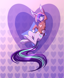 Size: 2300x2800 | Tagged: safe, artist:celes-969, starlight glimmer, fox, pony, unicorn, g4, abstract background, alternate hairstyle, blushing, clothes, costume, cute, ear fluff, female, glimmerbetes, hair over one eye, heart, high res, hoodie, kigurumi, mare, simple background, solo