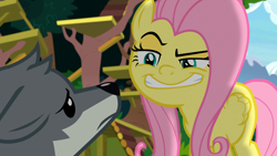 Size: 1920x1080 | Tagged: safe, screencap, angel bunny, fluttershy, sandra, pegasus, pony, wolf, g4, she talks to angel, body swap, creepy, creepy smile, female, frown, male, out of context, smiling, this will not end well