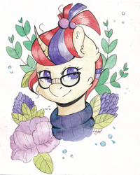 Size: 2219x2774 | Tagged: safe, artist:lightisanasshole, moondancer, pony, unicorn, g4, bubble, bust, cheek fluff, clothes, curved horn, cute, dancerbetes, ear fluff, female, flower, glasses, high res, horn, looking at you, mare, messy mane, nerdy, plant, ponytail, portrait, smiling, solo, three quarter view, traditional art