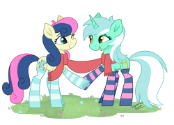 Size: 1400x1000 | Tagged: safe, artist:liquorice_sweet, bon bon, lyra heartstrings, sweetie drops, earth pony, pony, unicorn, g4, clothes, cute, female, lesbian, mare, one eye closed, open mouth, scarf, shared clothing, shared scarf, ship:lyrabon, shipping, simple background, socks, striped socks, transparent background