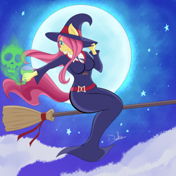 Size: 5000x5000 | Tagged: safe, artist:drakxs, fluttershy, anthro, g4, breasts, broom, busty fluttershy, clothes, cosplay, costume, female, flutterbitch, flying, flying broomstick, hat, little witch academia, moon, night, solo, stars, sucy manbavaran, witch, witch hat