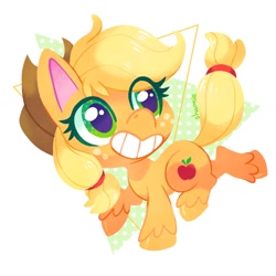 Size: 1000x1000 | Tagged: safe, artist:sharmie, applejack, earth pony, pony, g4.5, my little pony: pony life, abstract background, chibi, cowboy hat, cute, eye clipping through hair, female, hat, jackabetes, mare, smiling, solo, unshorn fetlocks