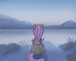 Size: 2284x1832 | Tagged: safe, artist:exploretheweb, fluttershy, pegasus, pony, g4, female, folded wings, lake, looking away, mare, mountain, outdoors, rear view, scenery, sitting, solo, water, wings
