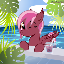 Size: 2500x2500 | Tagged: safe, artist:alicaalicok, editor:bnau, oc, oc:zeny, pegasus, pony, base used, ear fluff, fangs, female, glass, high res, mare, one eye closed, show accurate, solo, straw, water, wet mane, wink