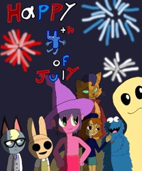 Size: 815x981 | Tagged: safe, artist:pokeneo1234, capper dapperpaws, g4, my little pony: the movie, 4th of july, american independence day, animal crossing, animal crossing: new horizons, battle for dream island, chest fluff, clancy, cookie monster, crossover, four (battle for dream island), gloop, holiday, questionette, raymond (animal crossing), sesame street, smile for me, the herculoids, the midnight gospel