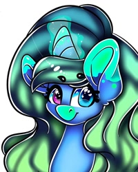 Size: 960x1200 | Tagged: safe, artist:tessa_key_, oc, oc only, pony, unicorn, bust, glowing horn, heterochromia, horn, simple background, smiling, solo, white background