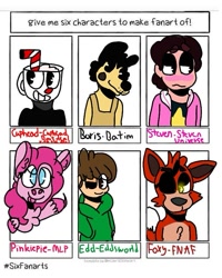 Size: 591x739 | Tagged: safe, artist:doodlyarts, pinkie pie, earth pony, fox, gem (race), human, hybrid, pony, robot, wolf, anthro, g4, spoiler:steven universe, :p, animatronic, anthro with ponies, bendy and the ink machine, blushing, boris the wolf, bust, clothes, crossover, cuphead, cuphead (character), edd gould (eddsworld), eddsworld, eyepatch, female, five nights at freddy's, foxy, male, mare, one eye closed, pac-man eyes, six fanarts, spoilers for another series, steven quartz universe, steven universe, steven universe future, tongue out, unshorn fetlocks, waving, wink