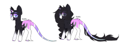 Size: 1218x441 | Tagged: safe, artist:mint-light, oc, oc only, classical unicorn, pony, unicorn, bald, chest fluff, cloven hooves, duo, ear fluff, eye clipping through hair, female, fluffy, horn, leonine tail, looking at you, makeup, mare, running makeup, shoulder fluff, simple background, smiling, tail fluff, transparent background, unicorn oc, unshorn fetlocks