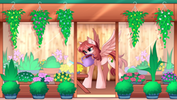 Size: 4483x2536 | Tagged: safe, artist:airiniblock, oc, oc only, oc:moonflower, pegasus, pony, rcf community, commission, female, flower, flower shop, high res, mare, mouth hold, pegasus oc, solo, spread wings, watering can, wings