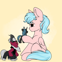 Size: 3000x3000 | Tagged: safe, artist:xcinnamon-twistx, cozy glow, lord tirek, queen chrysalis, pegasus, pony, g4, alternate hairstyle, chrysalis plushie, cozybetes, cute, female, filly, foal, gradient background, high res, plushie, toy