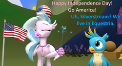 Size: 1762x952 | Tagged: safe, artist:red4567, gallus, silverstream, griffon, hippogriff, g4, 3d, american flag, atg 2020, chest fluff, claw hold, independence day, jewelry, necklace, newbie artist training grounds, polandball, sitting, source filmmaker, sparkler (firework), united states