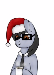 Size: 1543x2160 | Tagged: safe, artist:ask ragic, oc, oc only, oc:silver bristle, earth pony, pony, christmas, coffee, coffee cup, cup, digital art, glasses, hat, holiday, male, necktie, santa hat, simple background, smiling, stallion