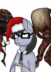 Size: 1543x2160 | Tagged: safe, artist:ask ragic, oc, oc only, oc:silver bristle, earth pony, pony, undead, zombie, christmas, coffee, coffee cup, crossover, cup, digital art, glasses, half-life, hat, holiday, male, necktie, santa hat, simple background, stallion, surprised