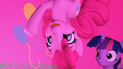 Size: 1920x1080 | Tagged: safe, artist:marianokun, pinkie pie, twilight sparkle, alicorn, earth pony, pony, g4, 3d, angry, cutie mark background, female, happy, in which pinkie pie forgets how to gravity, mare, pink background, pinkie being pinkie, pinkie physics, simple background, source filmmaker, surprised, twilight sparkle (alicorn), watermark