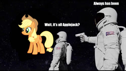 Size: 1200x675 | Tagged: safe, applejack, planet pony, pony, g4, always has been, american flag, astronaut, context in description, exploitable meme, giant pony, gun, imminent death, macro, meme, spacesuit, weapon