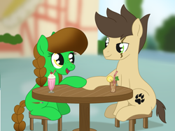 Size: 1771x1335 | Tagged: safe, artist:dyonys, oc, oc:lucky brush, oc:night chaser, earth pony, pony, female, freckles, holding hooves, husband and wife, ice tea, looking at each other, luckychaser, male, mare, milkshake, oc x oc, open mouth, scar, shipping, show accurate, sitting, stallion