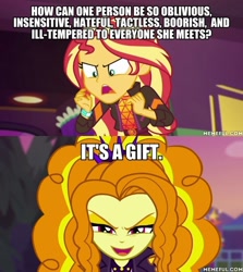 Size: 600x674 | Tagged: safe, edit, edited screencap, screencap, adagio dazzle, sunset shimmer, equestria girls, equestria girls specials, g4, my little pony equestria girls: better together, my little pony equestria girls: sunset's backstage pass, caption, duckman, geode of empathy, image macro, magical geodes, memeful.com, music festival outfit, text